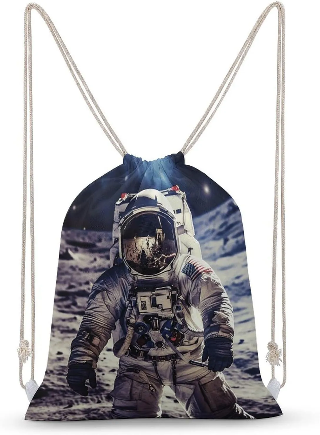 US Astronaut Travel Moon Drawstring Backpack for Women Men Drawstring Bag for Travel Swimming Sports Gym Bag