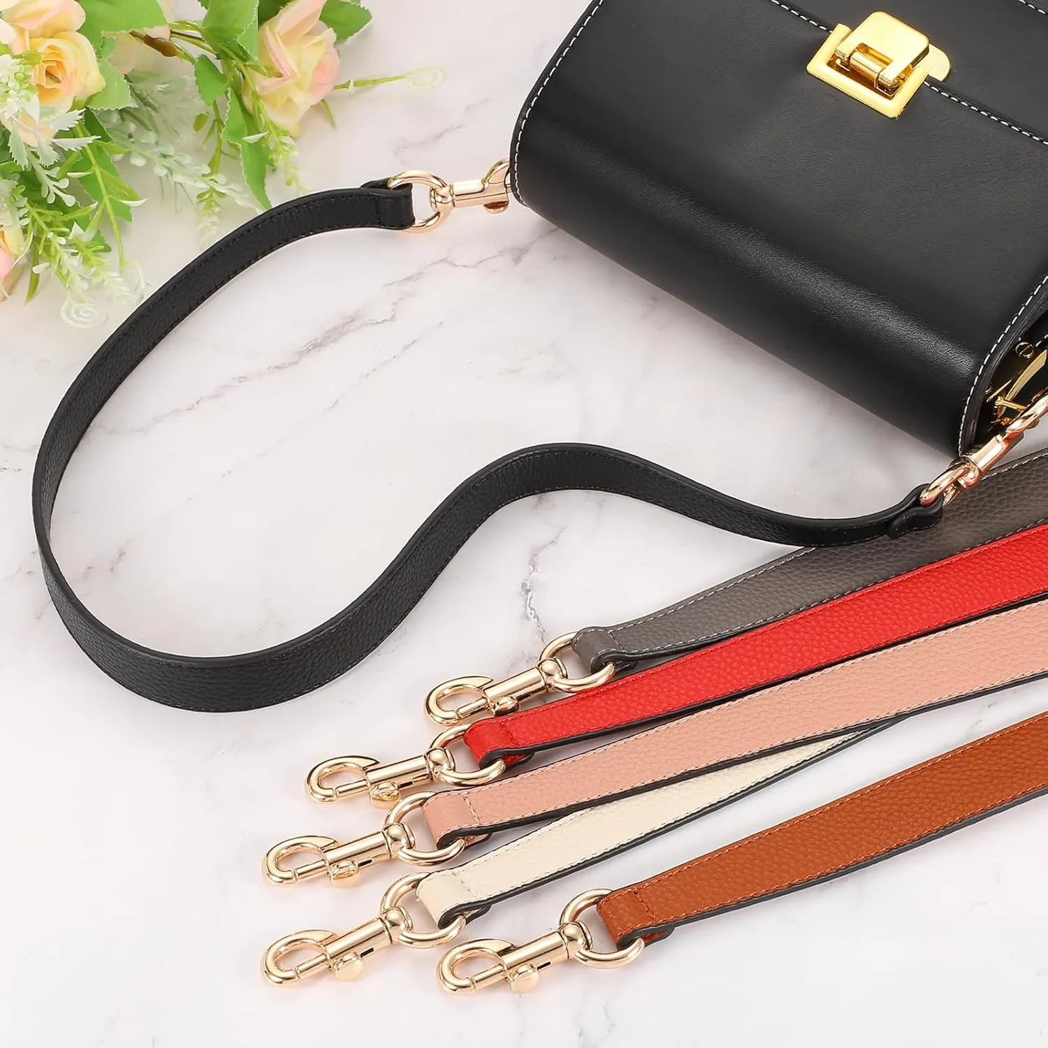 uxcell 15.35 Inch PU Leather Short Bag Strap with Clasp, Purse Handles Handbags Replacement Straps for Clutch Bag Crossbody Underarm Bags, Black, Silver Buckle