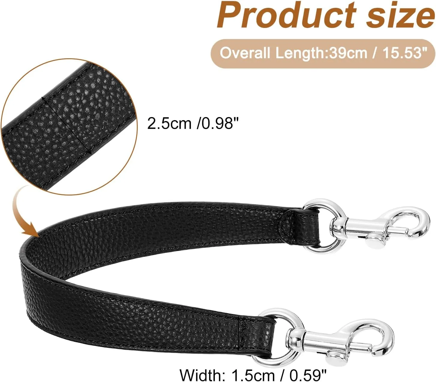 uxcell 15.35 Inch PU Leather Short Bag Strap with Clasp, Purse Handles Handbags Replacement Straps for Clutch Bag Crossbody Underarm Bags, Black, Silver Buckle