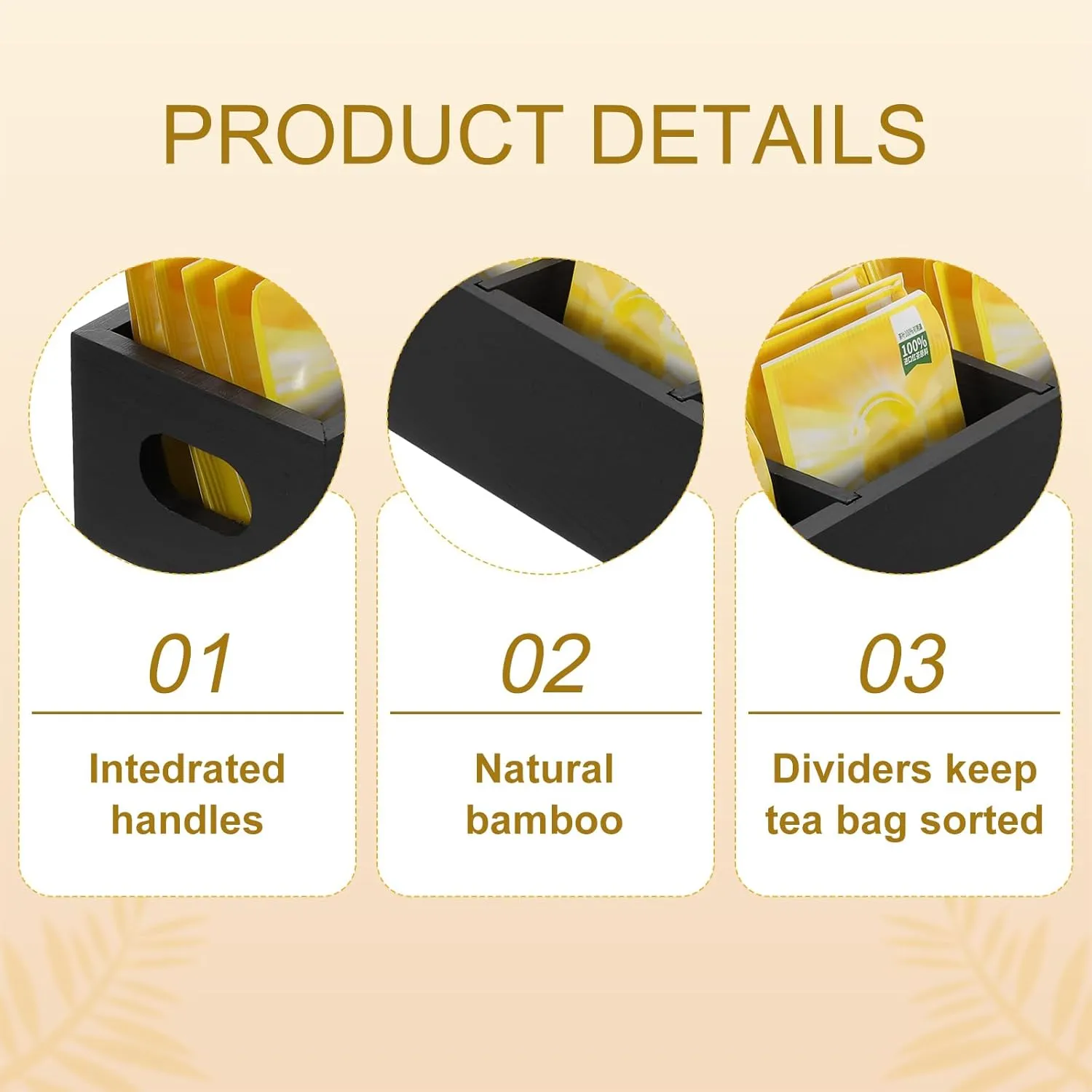 uxcell Tea Bag Organizer, 3 Compartments Pine Wood Tea Box with Handle, Tea Storage Organizer Holder for Tea Bags, Beverage Supplies Sugar Packet, Black