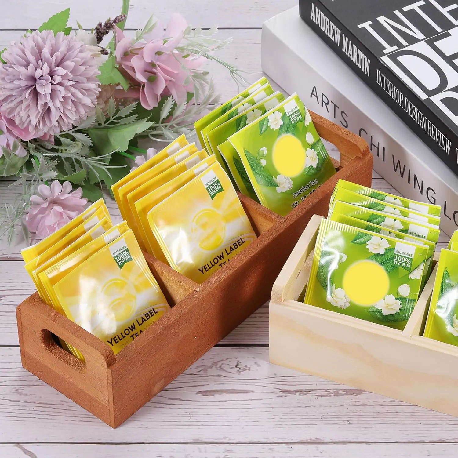 uxcell Tea Bag Organizer, 3 Compartments Pine Wood Tea Box with Handle, Tea Storage Organizer Holder for Tea Bags, Beverage Supplies Sugar Packet, Black