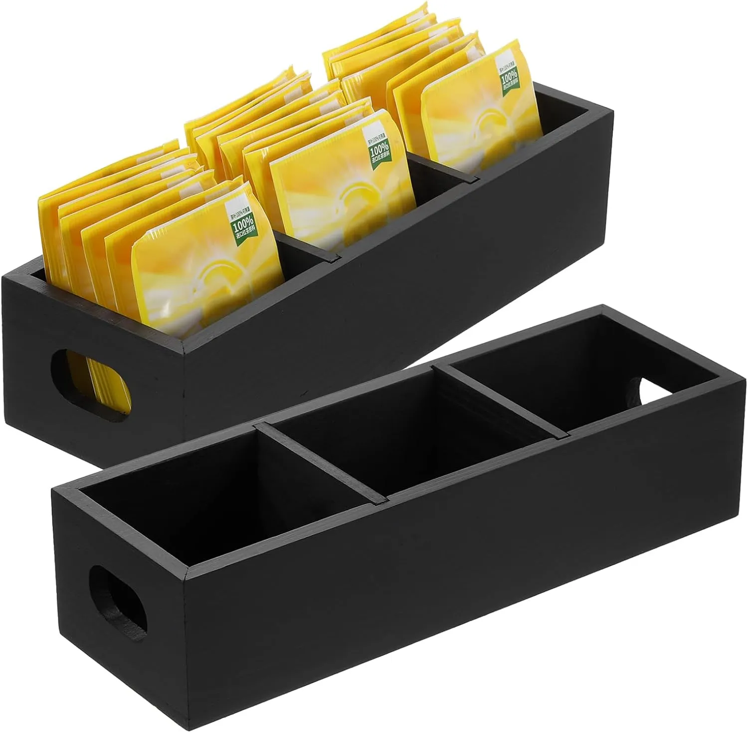 uxcell Tea Bag Organizer, 3 Compartments Pine Wood Tea Box with Handle, Tea Storage Organizer Holder for Tea Bags, Beverage Supplies Sugar Packet, Black