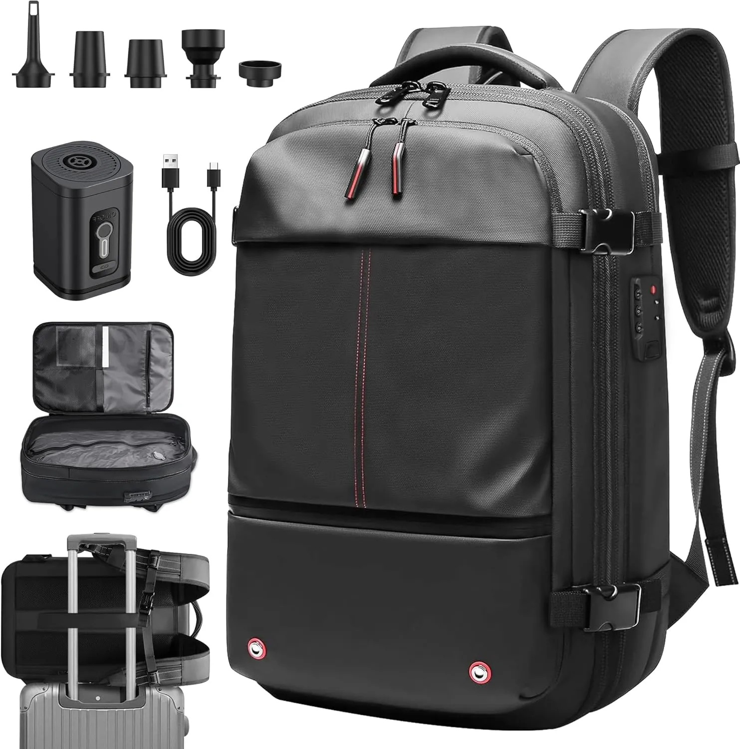 Vacuum Backpack Travel, Airback Vacuum Compression Travel Backpack with Pump, Water Resistant & TSA Anti Theft, Ideal for Travel/Camping/Laptop (With Electric Air Pump & Black)