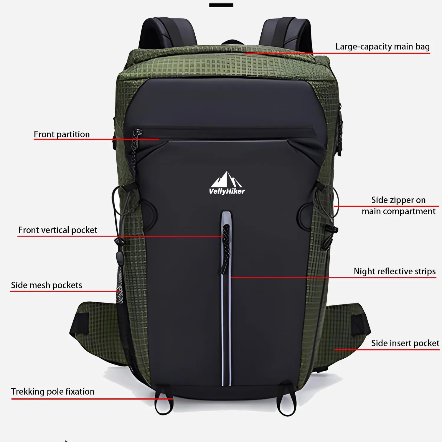 Vellyhiker 40L Hiking Backpack for Outdoor Camping Reflective Cycling Daypack Ultralight Outdoor Camping Travel Daypack (Gray)
