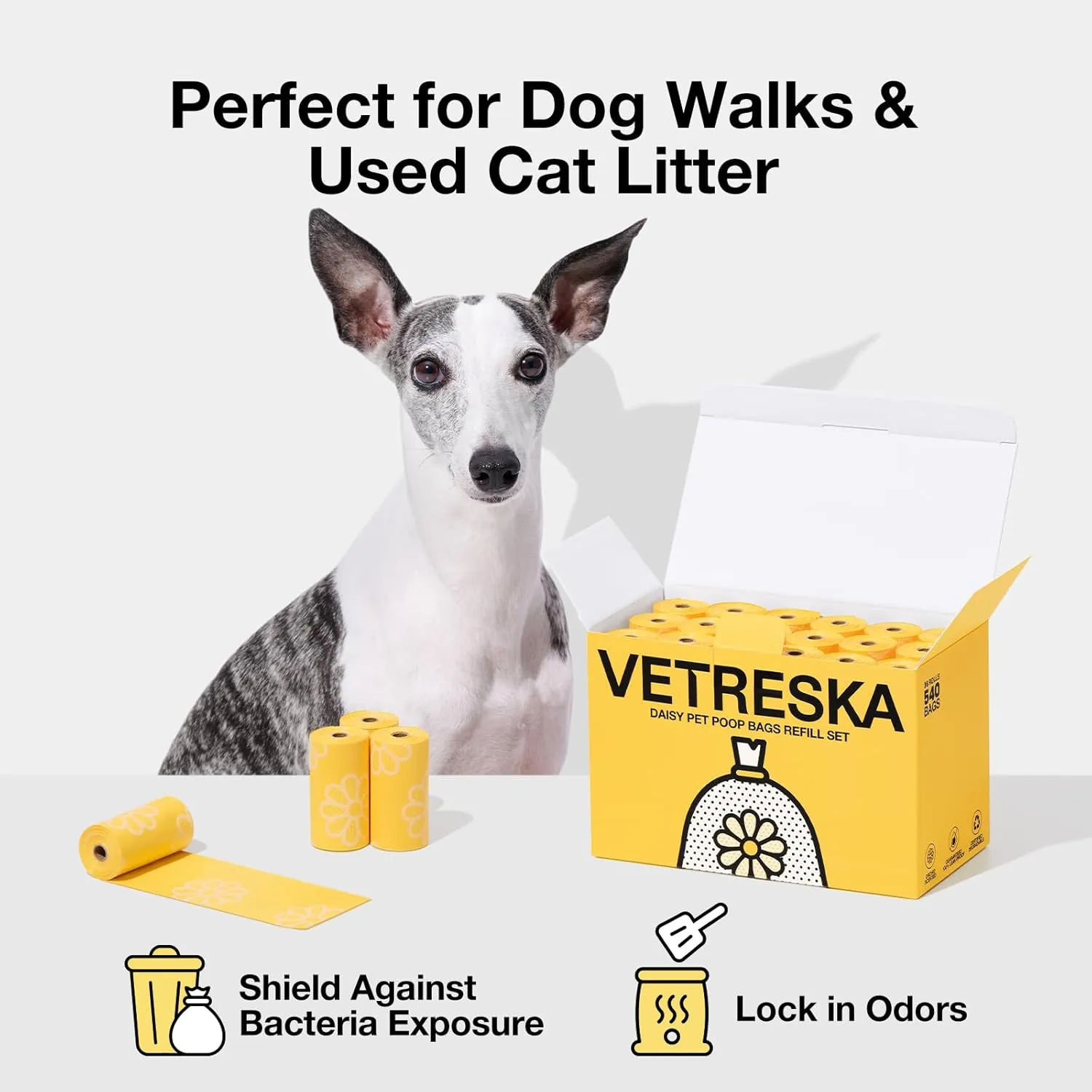 VETRESKA Dog Poop Bag Rolls Daisy Scented Leak-proof Pet Waste Bags Thick and Large Trash Bags for Dog Walking 36 Refill Rolls 540 Bags