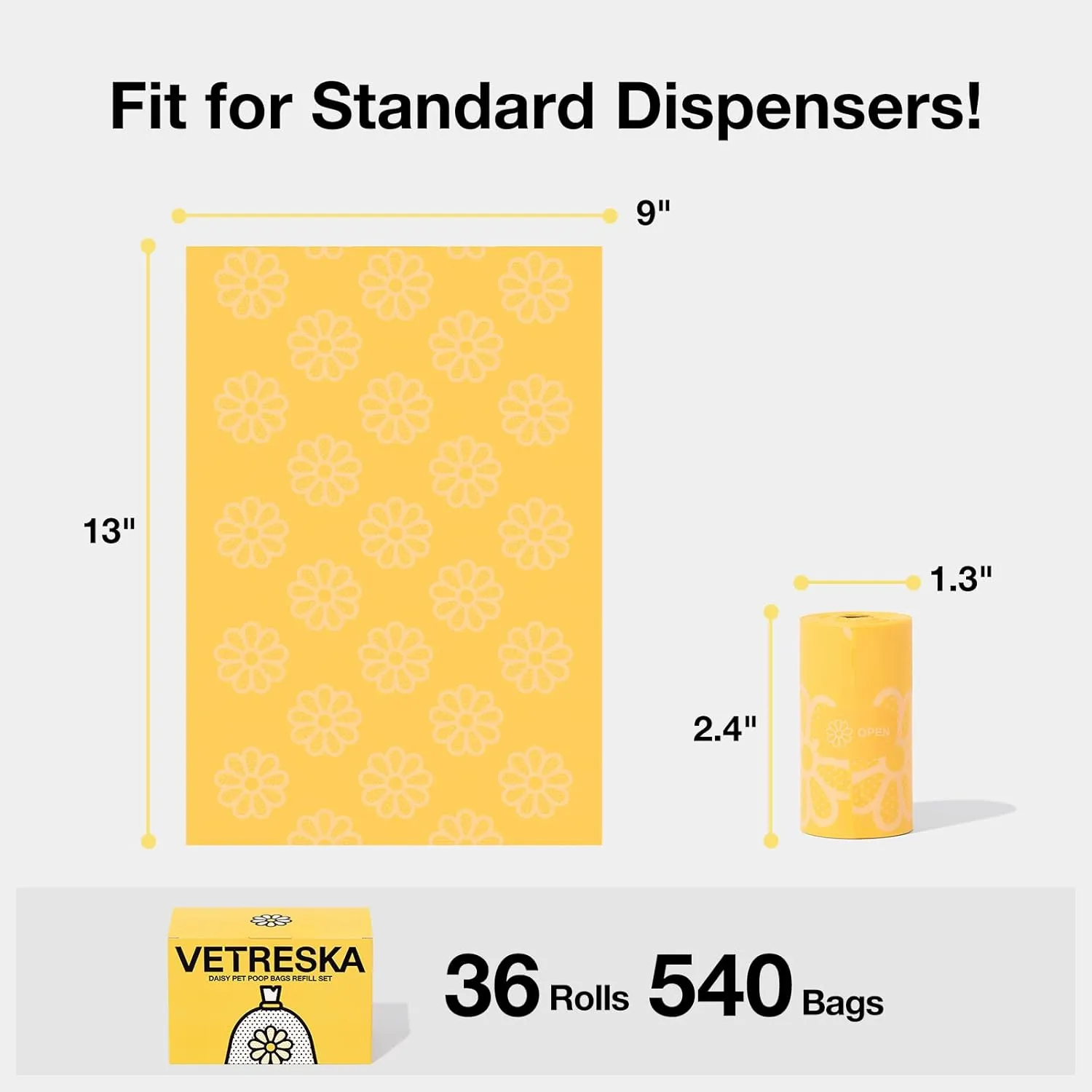 VETRESKA Dog Poop Bag Rolls Daisy Scented Leak-proof Pet Waste Bags Thick and Large Trash Bags for Dog Walking 36 Refill Rolls 540 Bags