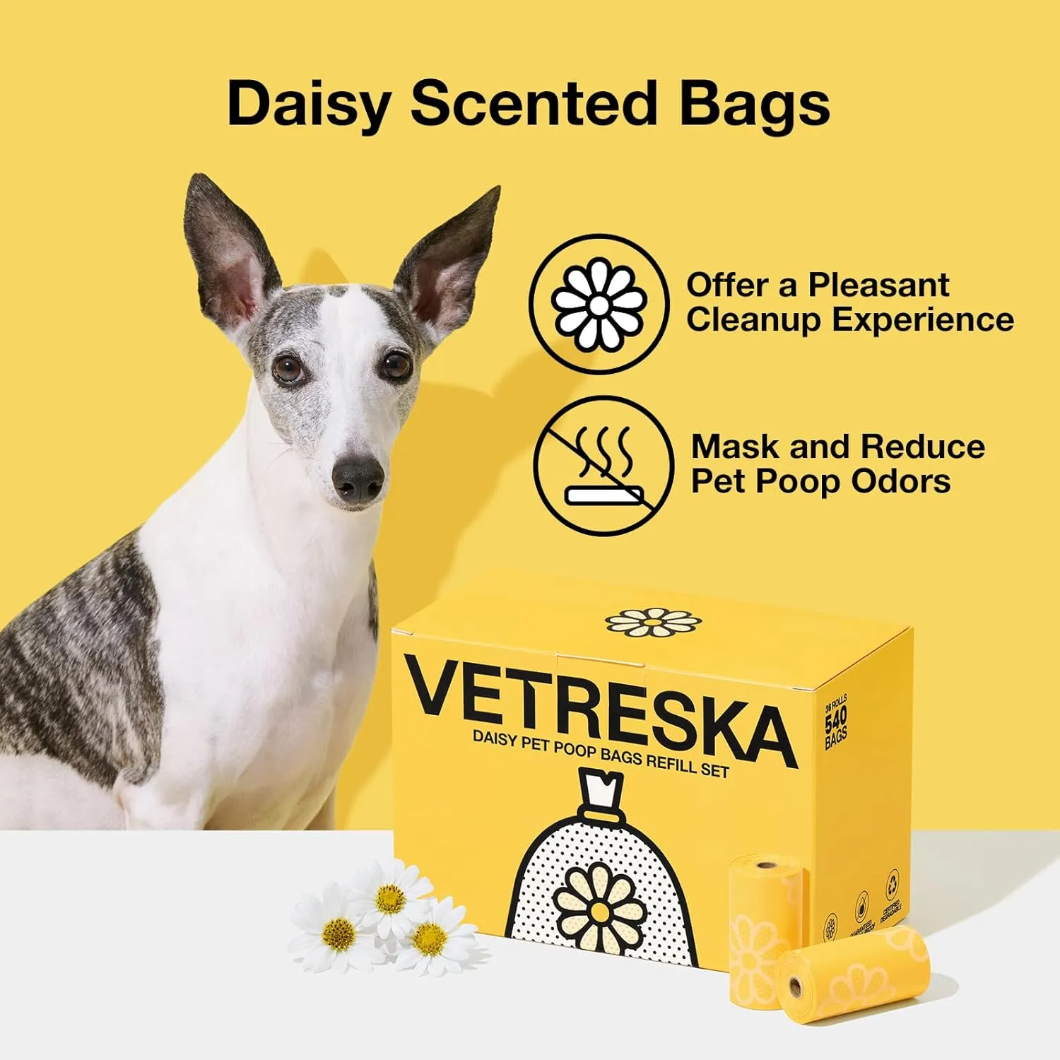 VETRESKA Dog Poop Bag Rolls Daisy Scented Leak-proof Pet Waste Bags Thick and Large Trash Bags for Dog Walking 36 Refill Rolls 540 Bags
