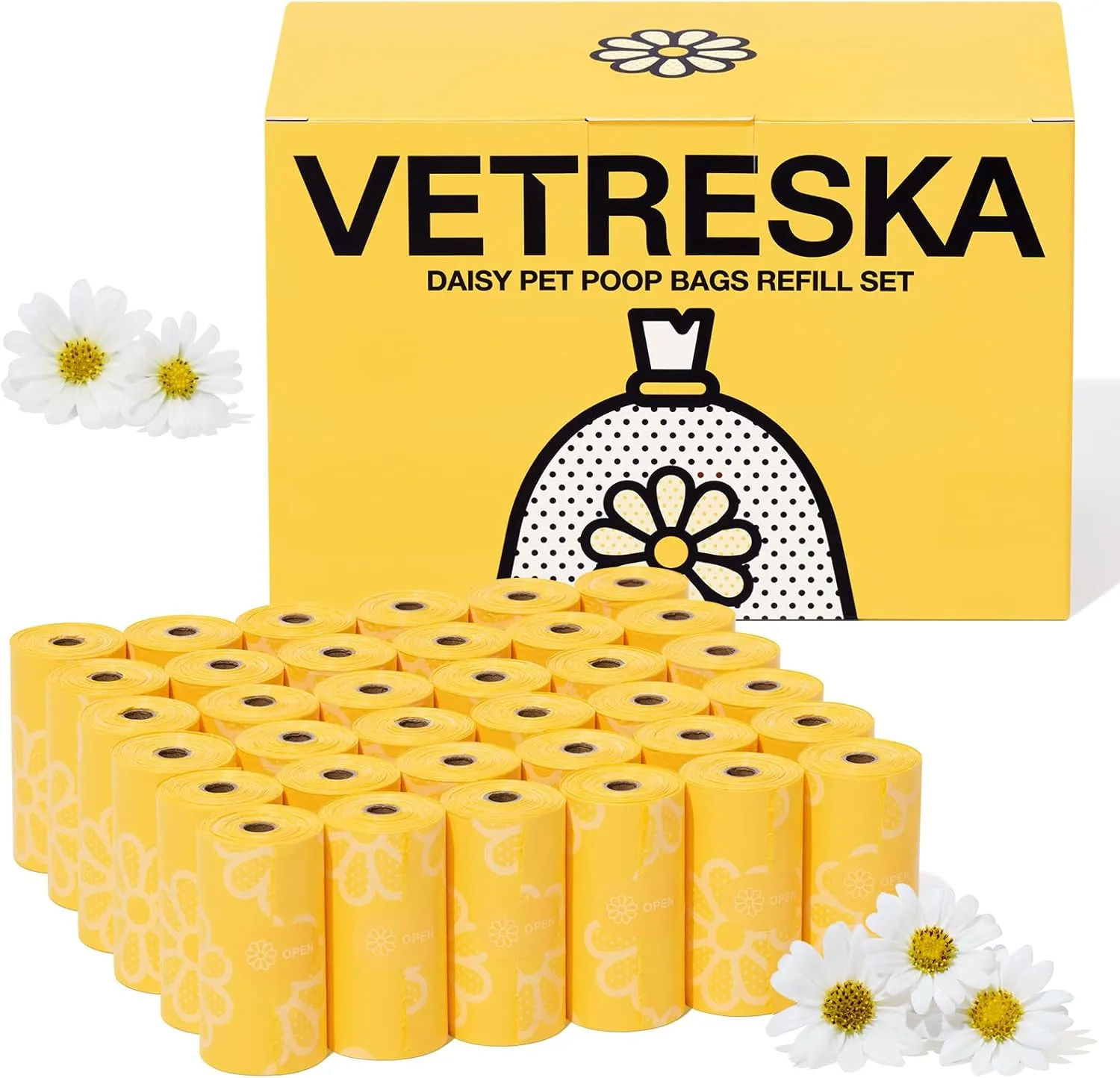 VETRESKA Dog Poop Bag Rolls Daisy Scented Leak-proof Pet Waste Bags Thick and Large Trash Bags for Dog Walking 36 Refill Rolls 540 Bags
