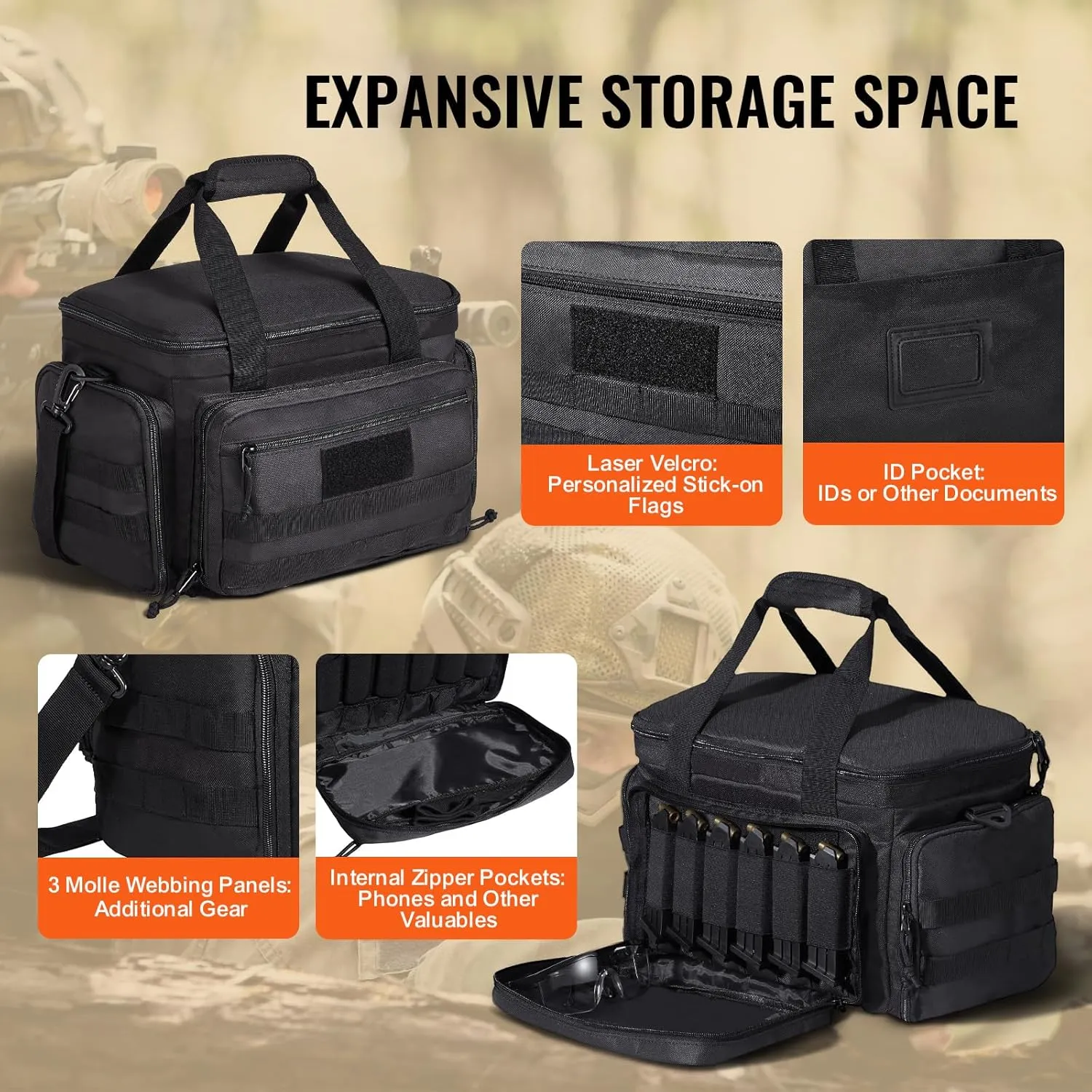 VEVOR Range Pack for 4  Pistols, Tactical Gun Range Bag with 3 Detachable Dividers & 6 Magazines, Firearm Shooting Handgun Bag for Outdoor Hunting Shooting Pistol Bag with Single Shoulder Strip, Black