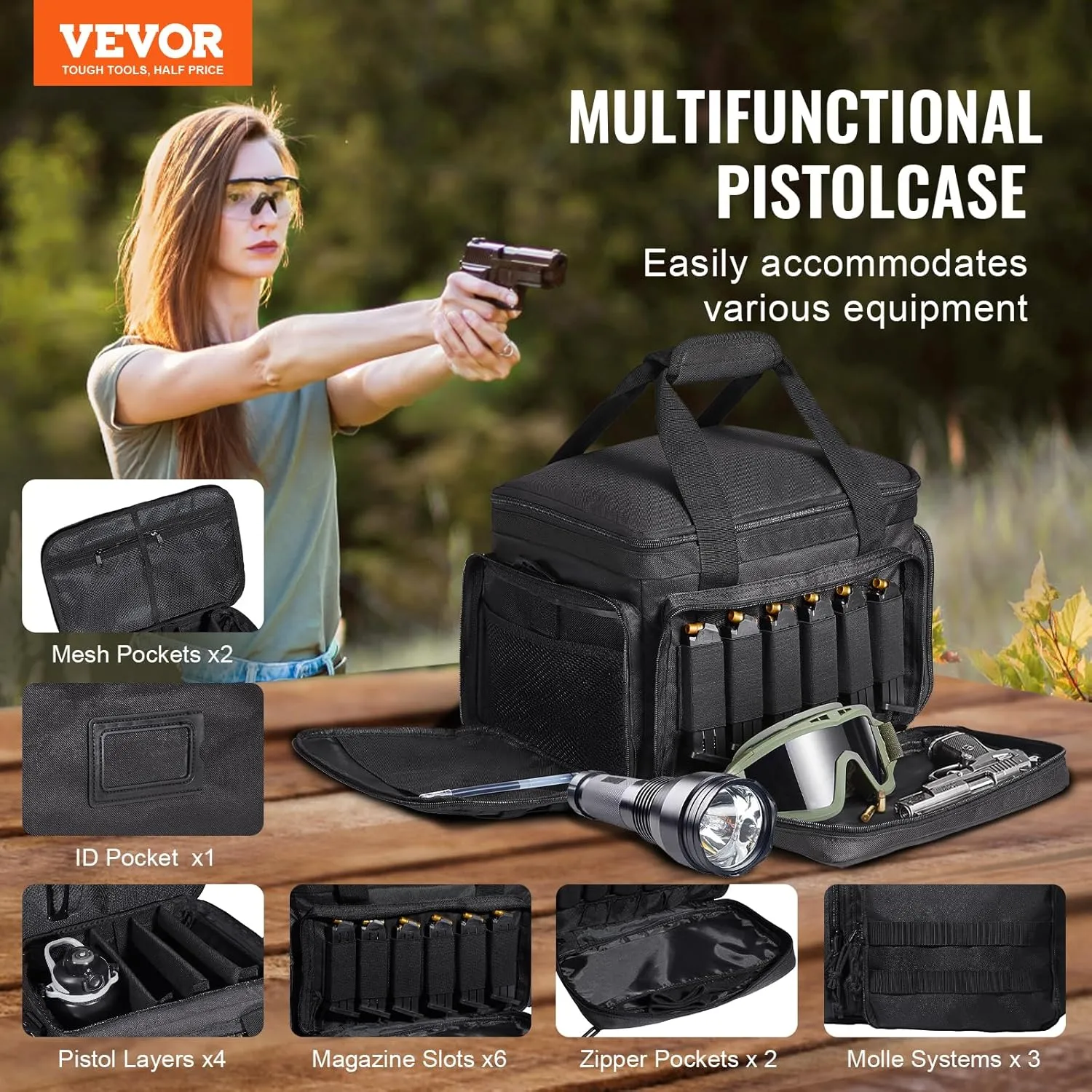 VEVOR Range Pack for 4  Pistols, Tactical Gun Range Bag with 3 Detachable Dividers & 6 Magazines, Firearm Shooting Handgun Bag for Outdoor Hunting Shooting Pistol Bag with Single Shoulder Strip, Black