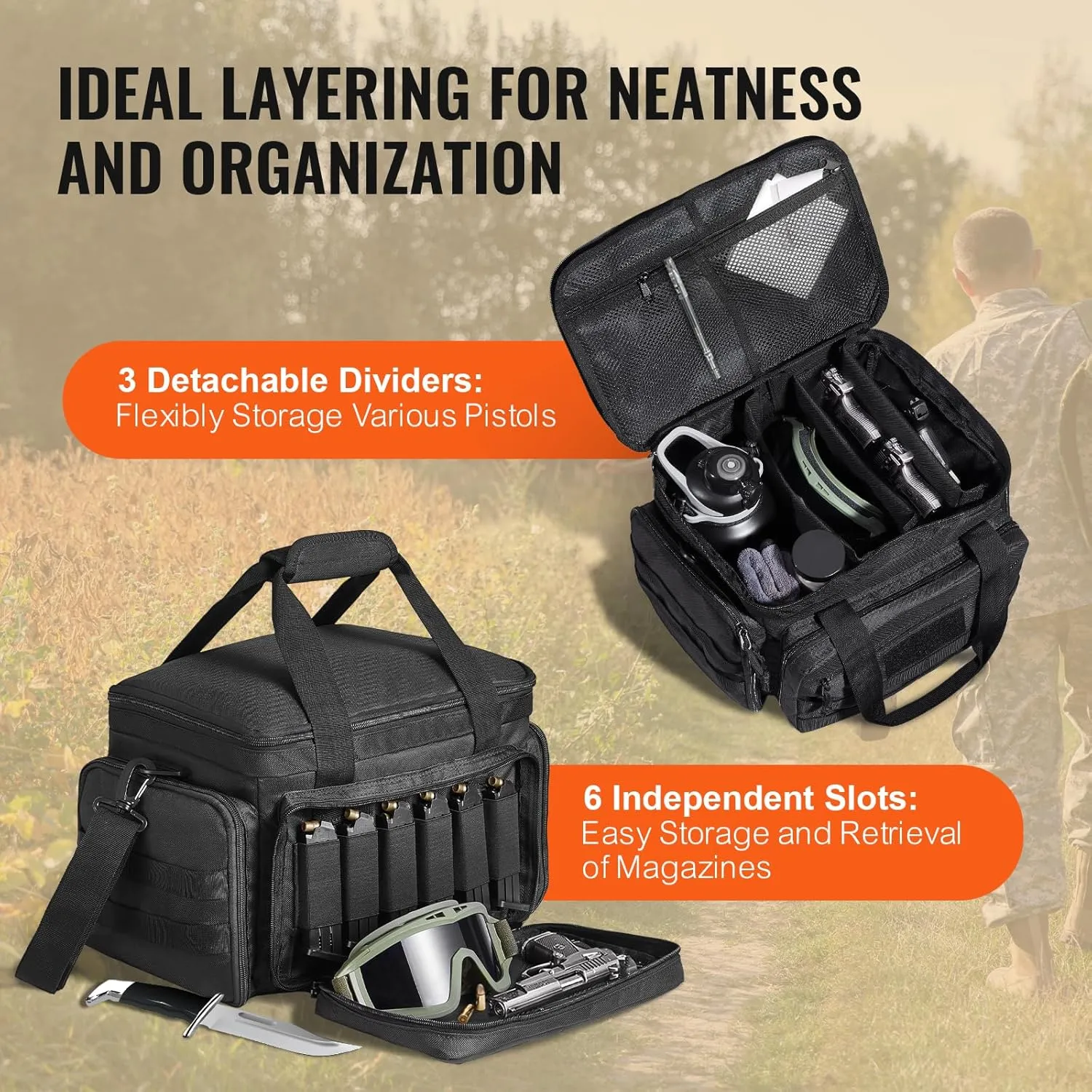 VEVOR Range Pack for 4  Pistols, Tactical Gun Range Bag with 3 Detachable Dividers & 6 Magazines, Firearm Shooting Handgun Bag for Outdoor Hunting Shooting Pistol Bag with Single Shoulder Strip, Black