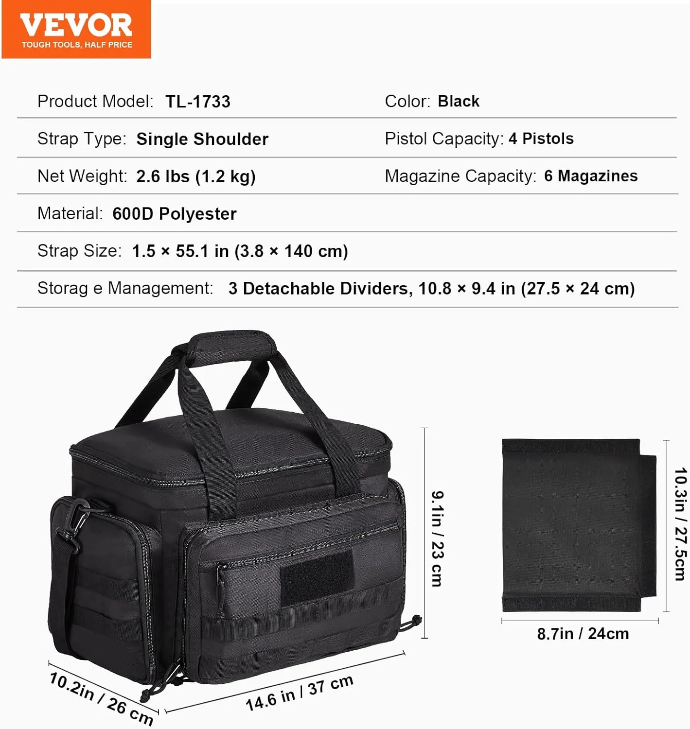VEVOR Range Pack for 4  Pistols, Tactical Gun Range Bag with 3 Detachable Dividers & 6 Magazines, Firearm Shooting Handgun Bag for Outdoor Hunting Shooting Pistol Bag with Single Shoulder Strip, Black