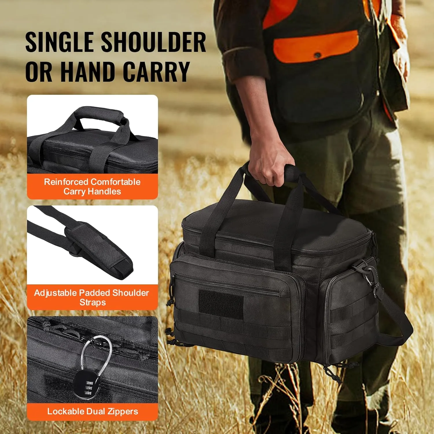 VEVOR Range Pack for 4  Pistols, Tactical Gun Range Bag with 3 Detachable Dividers & 6 Magazines, Firearm Shooting Handgun Bag for Outdoor Hunting Shooting Pistol Bag with Single Shoulder Strip, Black