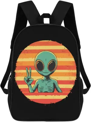 Vintage Aliens Peace Sign 17 Inch Shoulder Backpack Fashion Laptop Bag Travel Daypack for Camping Hiking
