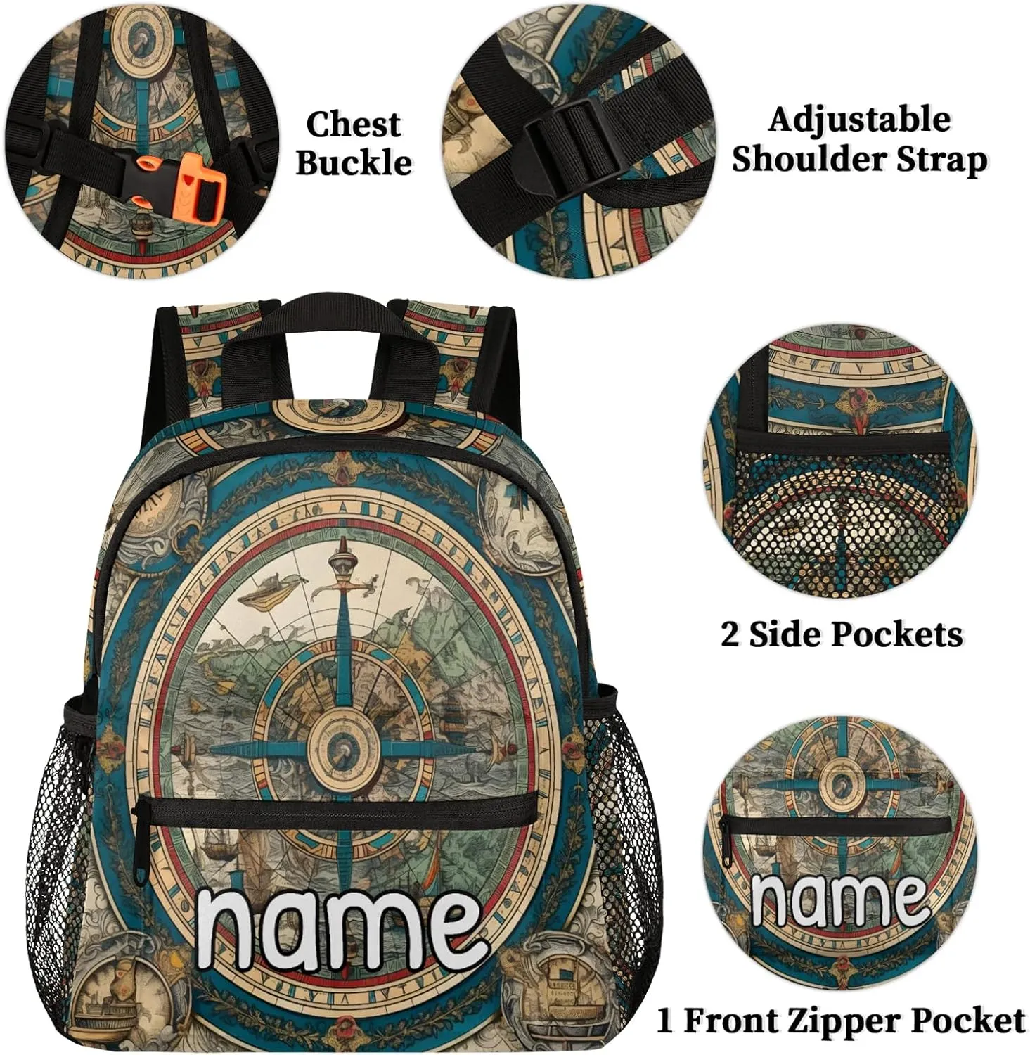 Vintage Compass Personalized Name Mini Backpack Waterproof Custom Casual Travel Small Backpacks with Zipper,12 Inch