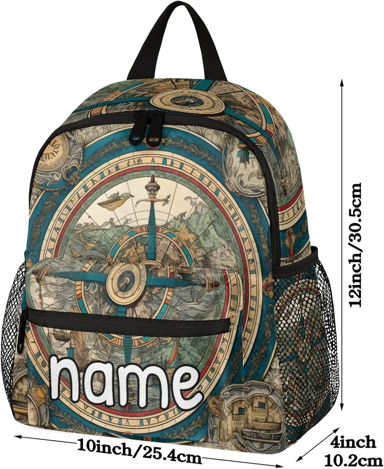 Vintage Compass Personalized Name Mini Backpack Waterproof Custom Casual Travel Small Backpacks with Zipper,12 Inch