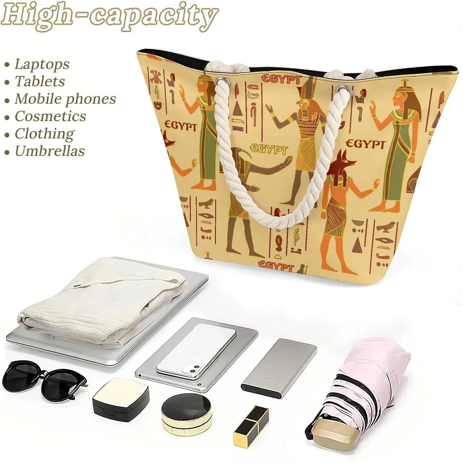 Vintage Egyptian Gods And Hieroglyphs Beach Bags for Women Large Tote Bag with Zipper Travel Carry Bag Grocery Handbag