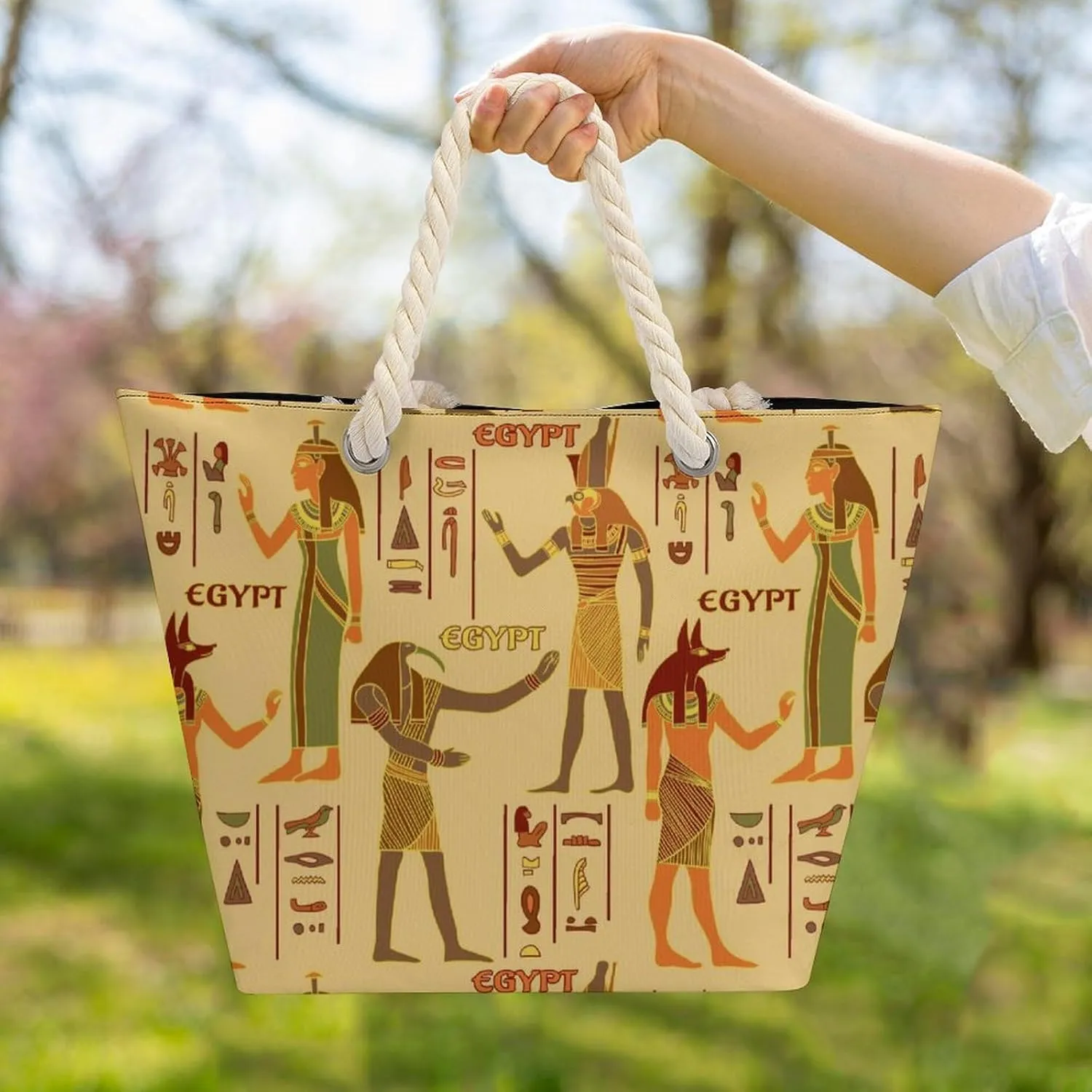 Vintage Egyptian Gods And Hieroglyphs Beach Bags for Women Large Tote Bag with Zipper Travel Carry Bag Grocery Handbag