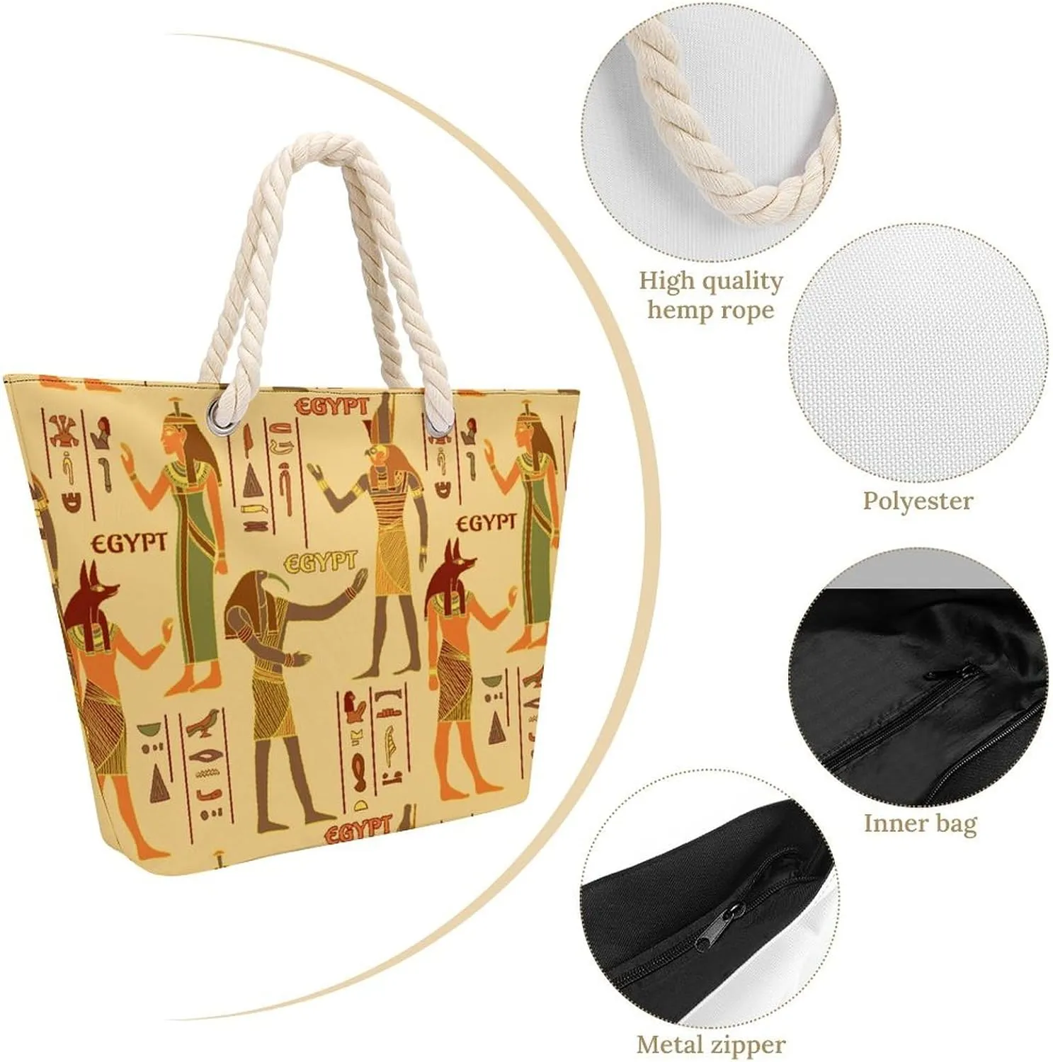 Vintage Egyptian Gods And Hieroglyphs Beach Bags for Women Large Tote Bag with Zipper Travel Carry Bag Grocery Handbag