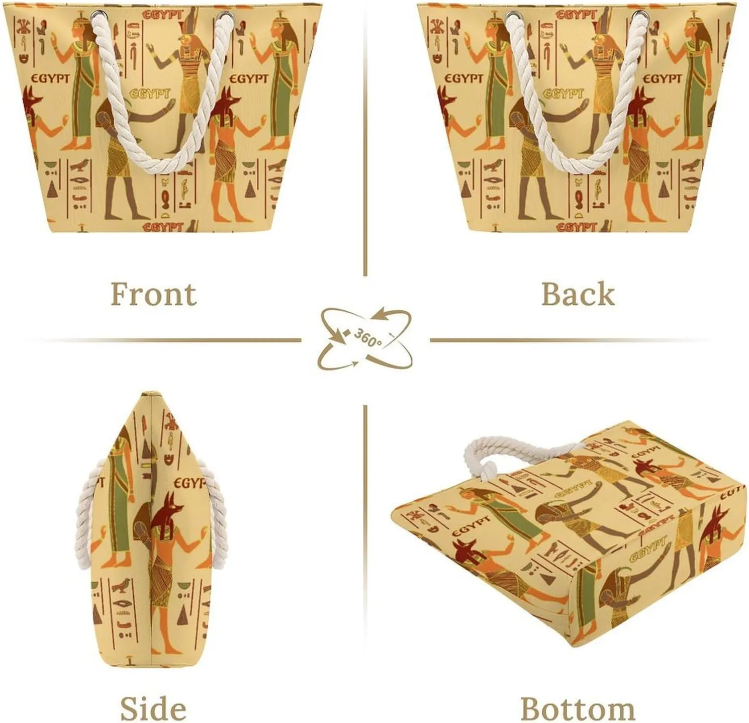 Vintage Egyptian Gods And Hieroglyphs Beach Bags for Women Large Tote Bag with Zipper Travel Carry Bag Grocery Handbag