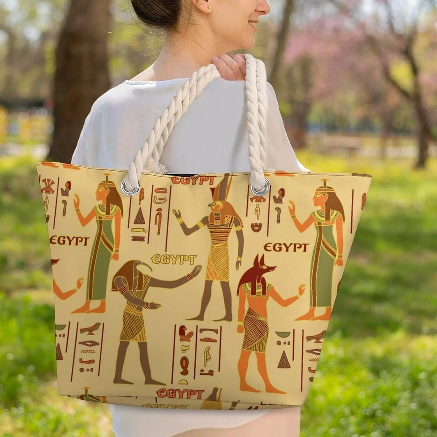 Vintage Egyptian Gods And Hieroglyphs Beach Bags for Women Large Tote Bag with Zipper Travel Carry Bag Grocery Handbag