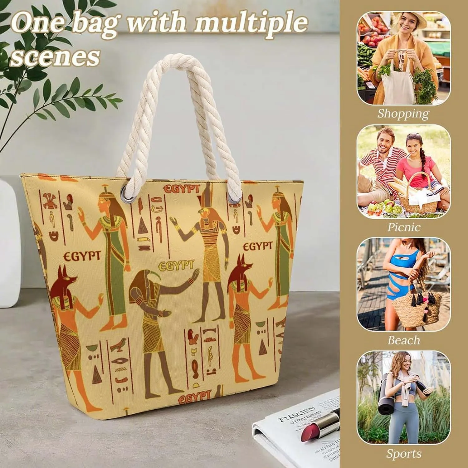 Vintage Egyptian Gods And Hieroglyphs Beach Bags for Women Large Tote Bag with Zipper Travel Carry Bag Grocery Handbag