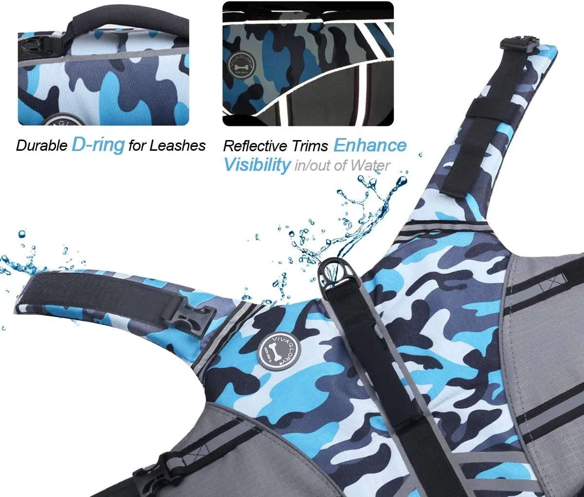 VIVAGLORY Sports Style Dog Life Jacket with Adjustable & Durable, Extra Flotation Swim Life Vest with Secure Fastening System for Small Dogs, Camo Blue