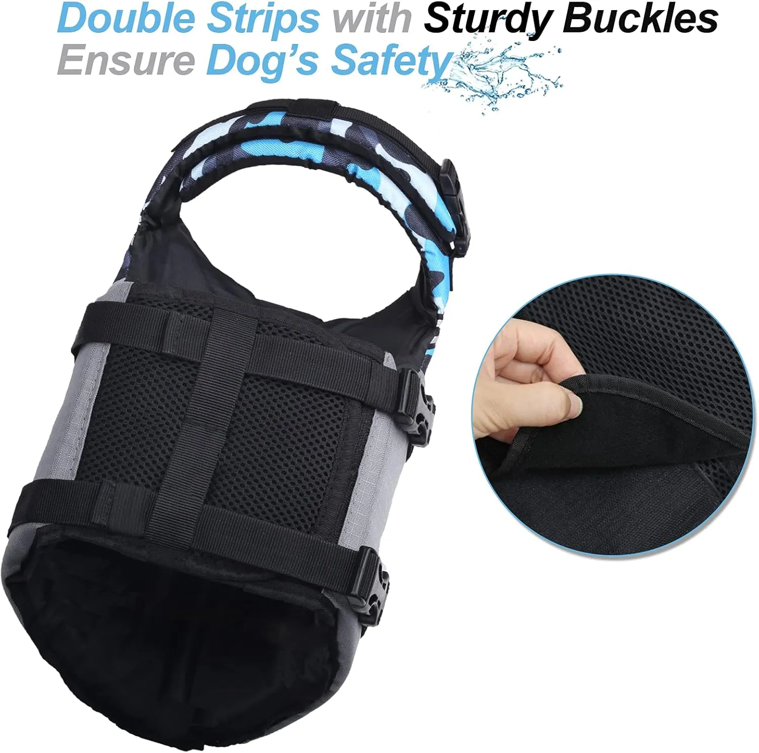 VIVAGLORY Sports Style Dog Life Jacket with Adjustable & Durable, Extra Flotation Swim Life Vest with Secure Fastening System for Small Dogs, Camo Blue