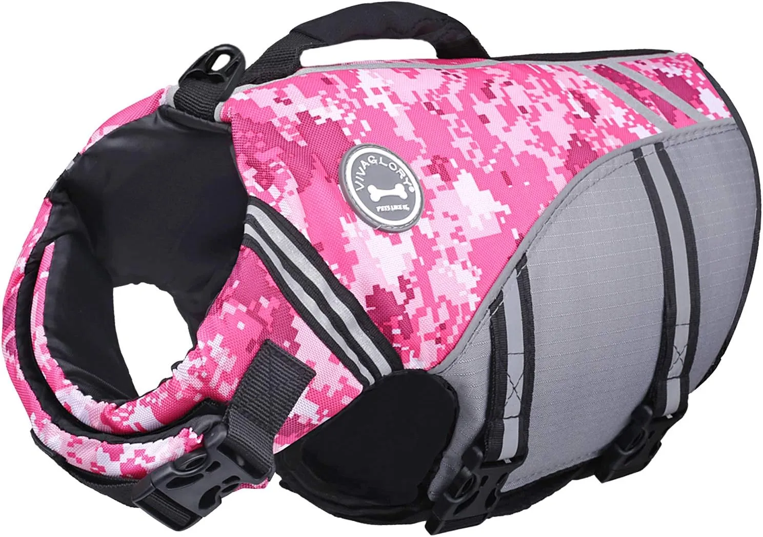 VIVAGLORY Sports Style Dog Life Jacket with Adjustable & Durable, Extra Flotation Swim Life Vest with Secure Fastening System for Small Dogs, Camo Pink