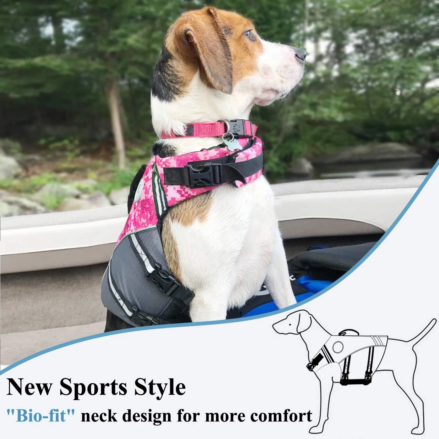VIVAGLORY Sports Style Dog Life Jacket with Adjustable & Durable, Extra Flotation Swim Life Vest with Secure Fastening System for Small Dogs, Camo Pink