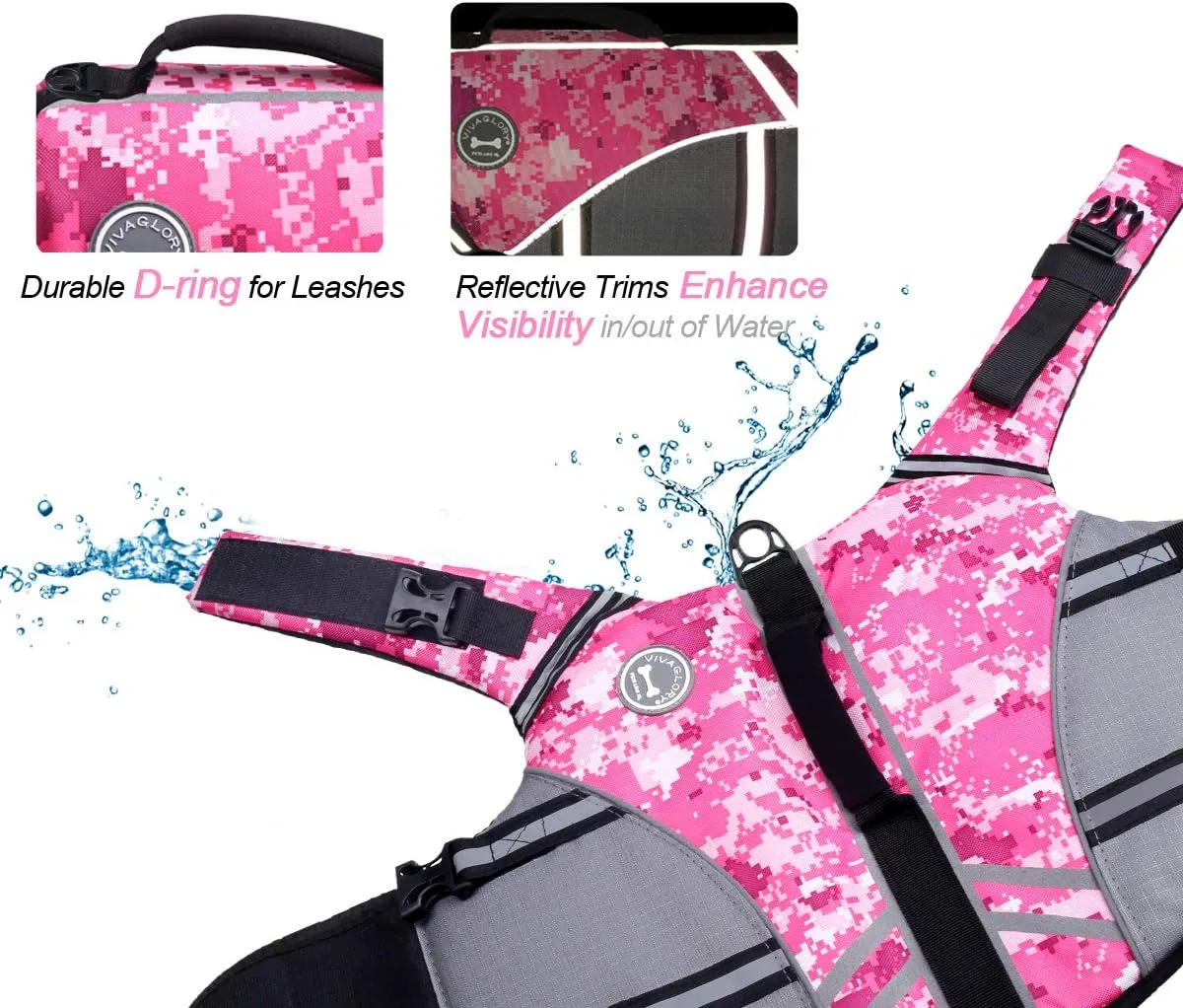 VIVAGLORY Sports Style Dog Life Jacket with Adjustable & Durable, Extra Flotation Swim Life Vest with Secure Fastening System for Small Dogs, Camo Pink