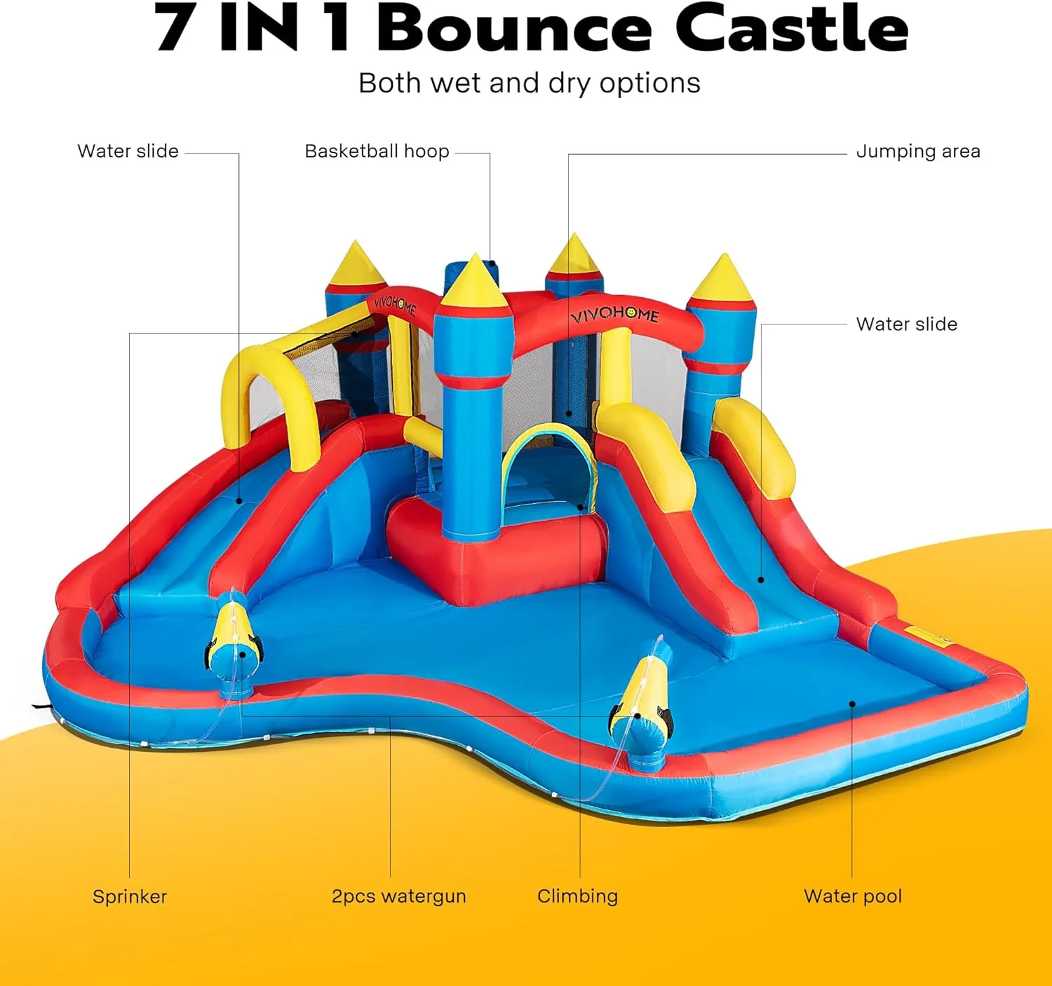 VIVOHOME 6 in 1 Bounce House for Kids, Big Swimming Pool Bouncy Castle with Slide, 15x14 FT Inflated Bouncer for Outdoor with Blower, Basketball, Climb, Srinkler, Water Pool, Water Gun