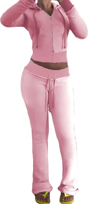 Voghtic Fall Women's 2 Piece Sweatsuits Set Long Sleeve Zip Up Crop Hoodie Jacket Flare Sweatpant Matching Lounge Set