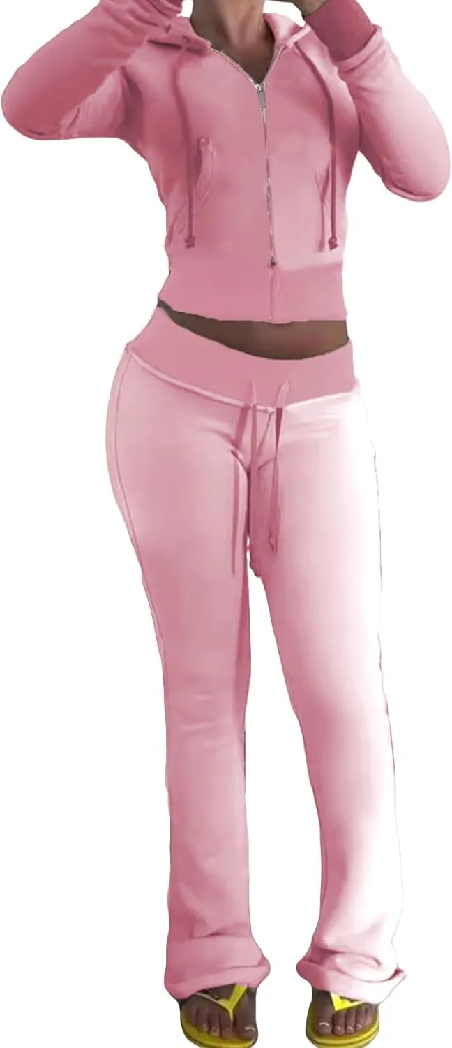 Voghtic Fall Women's 2 Piece Sweatsuits Set Long Sleeve Zip Up Crop Hoodie Jacket Flare Sweatpant Matching Lounge Set