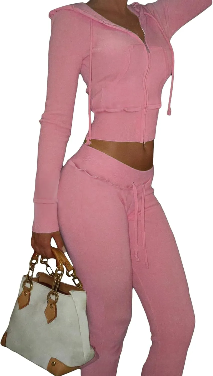 Voghtic Fall Women's 2 Piece Sweatsuits Set Long Sleeve Zip Up Crop Hoodie Jacket Flare Sweatpant Matching Lounge Set