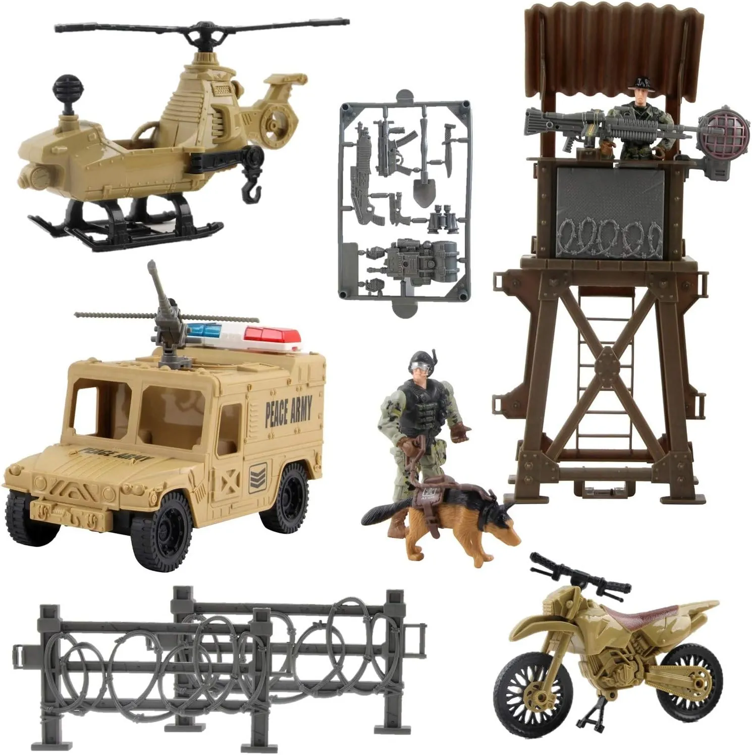 Vokodo Deluxe Military Special Operations Combat Series Battle Play Set Includes Lookout Watch Tower Helicopter Motorcycle Armored Vehicle Army Dog Two Soldiers and Artillery Perfect Kids Action Toys
