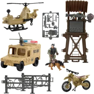 Vokodo Deluxe Military Special Operations Combat Series Battle Play Set Includes Lookout Watch Tower Helicopter Motorcycle Armored Vehicle Army Dog Two Soldiers and Artillery Perfect Kids Action Toys