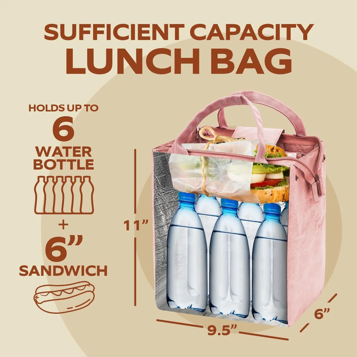 VonNova Insulated Lunch Box for Women, 7L Capacity, Leakproof Lunch Tote Bag, Durable Lunchbox made from Tyvek Material, Adult Cooler Bag for Work, Picnic, Travel and more (Pink)