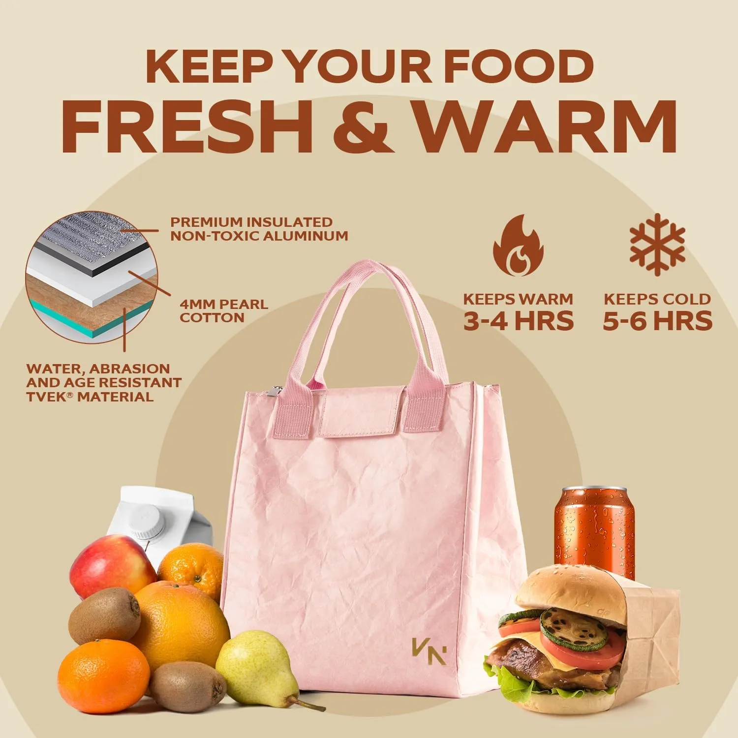 VonNova Insulated Lunch Box for Women, 7L Capacity, Leakproof Lunch Tote Bag, Durable Lunchbox made from Tyvek Material, Adult Cooler Bag for Work, Picnic, Travel and more (Pink)