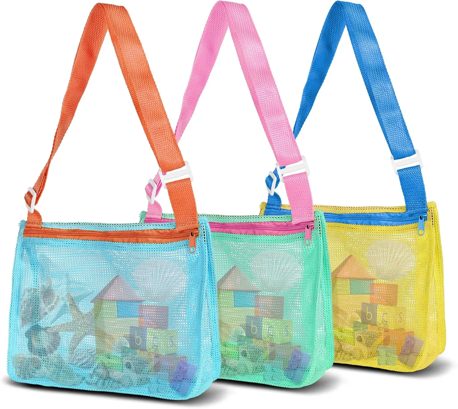 VOROLO 3PCS Mesh Beach Bag for Holding Toys,Sand Towels Tote for Kids Seashell Collecting,Shell Bags for Children Picnic,Swimming Accessories for Boys and Girls