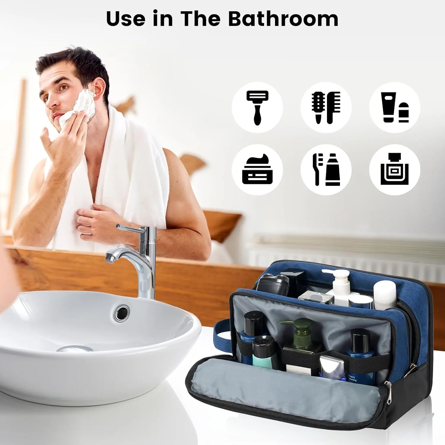 Vorspack Large Travel Toiletry Bag - Water Resistant Toiletry Bag for Men Dopp Kit for Bathroom Toiletries Accessories Gifts - Navy Blue