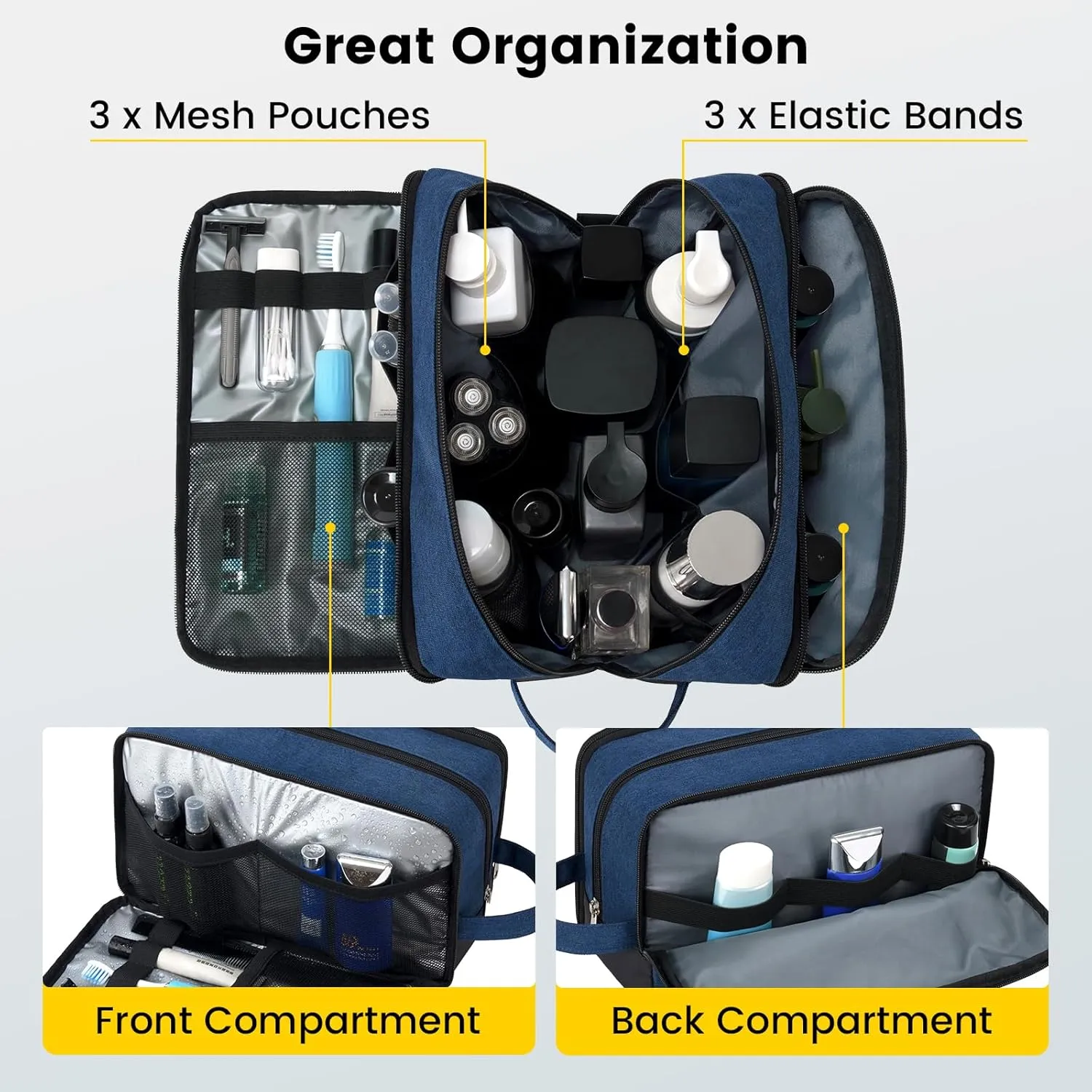 Vorspack Large Travel Toiletry Bag - Water Resistant Toiletry Bag for Men Dopp Kit for Bathroom Toiletries Accessories Gifts - Navy Blue