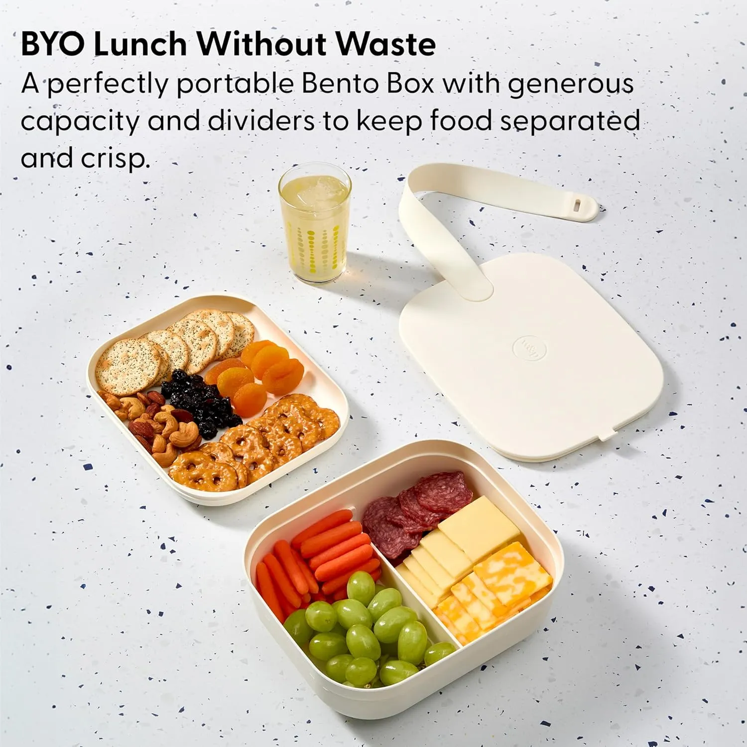 W&P Porter Bento Lunch Box, 3 Compartment Bento Box Portable Adult Lunch Box with Snap Strap- Food Container, BPA Free, Dishwasher and Microwave Safe, Cream, Medium