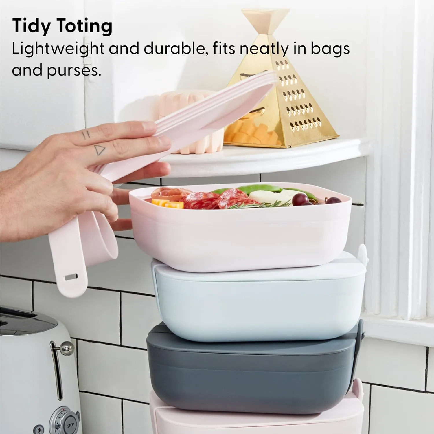 W&P Porter Bento Lunch Box, 3 Compartment Bento Box Portable Adult Lunch Box with Snap Strap- Food Container, BPA Free, Dishwasher and Microwave Safe, Cream, Medium