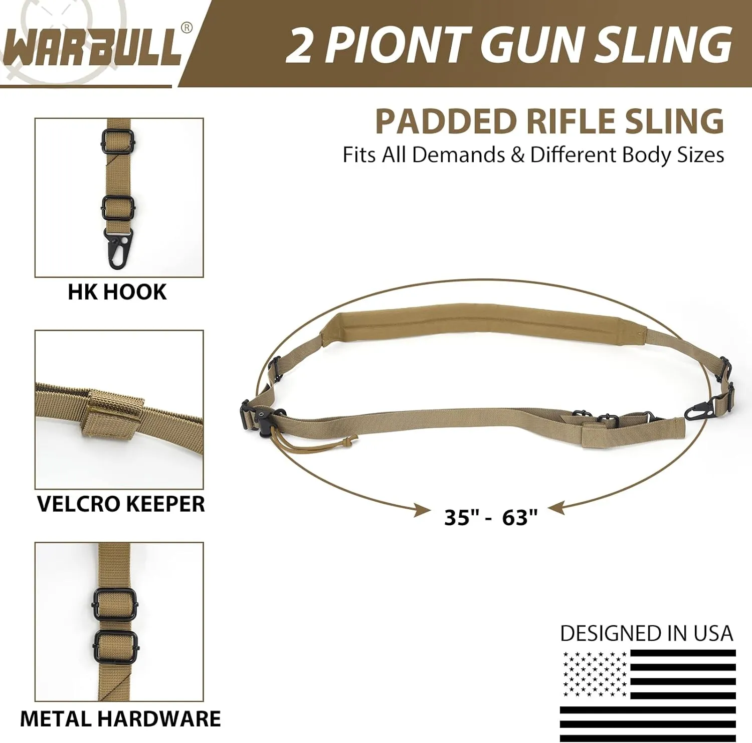 WarBull 2 Point Rifle Sling, Quick Adjust Gun Sling with HK Hook, Soft Shoulder Pad Traditional Sling for Rifle Shotgun Camera Crossbow Hunting Shooting and Outdoor Sports with Keychain Gift