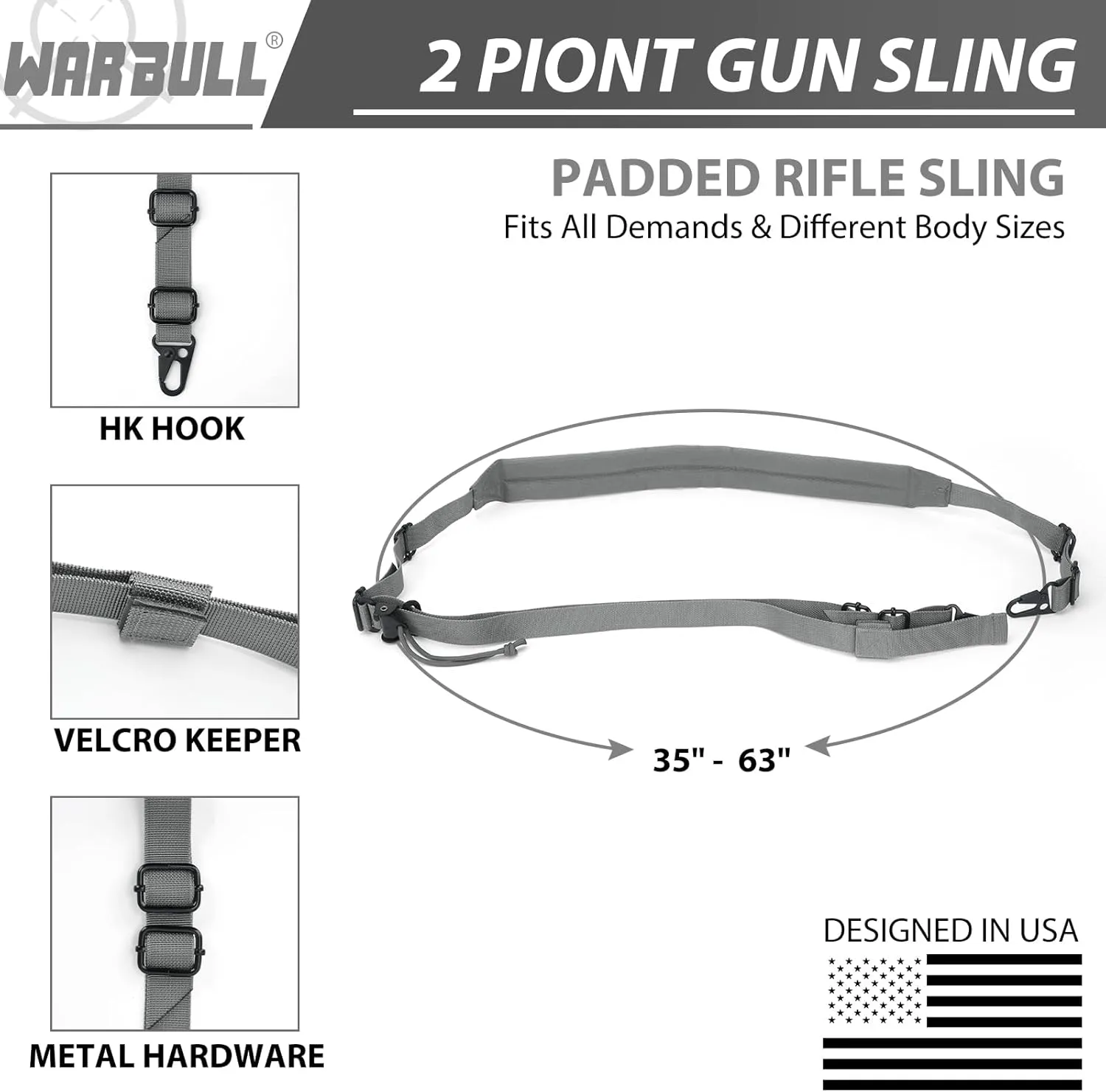 WarBull 2 Point Rifle Sling, Quick Adjust Gun Sling with HK Hook, Soft Shoulder Pad Traditional Sling for Rifle Shotgun Camera Crossbow Hunting Shooting and Outdoor Sports with Keychain Gift