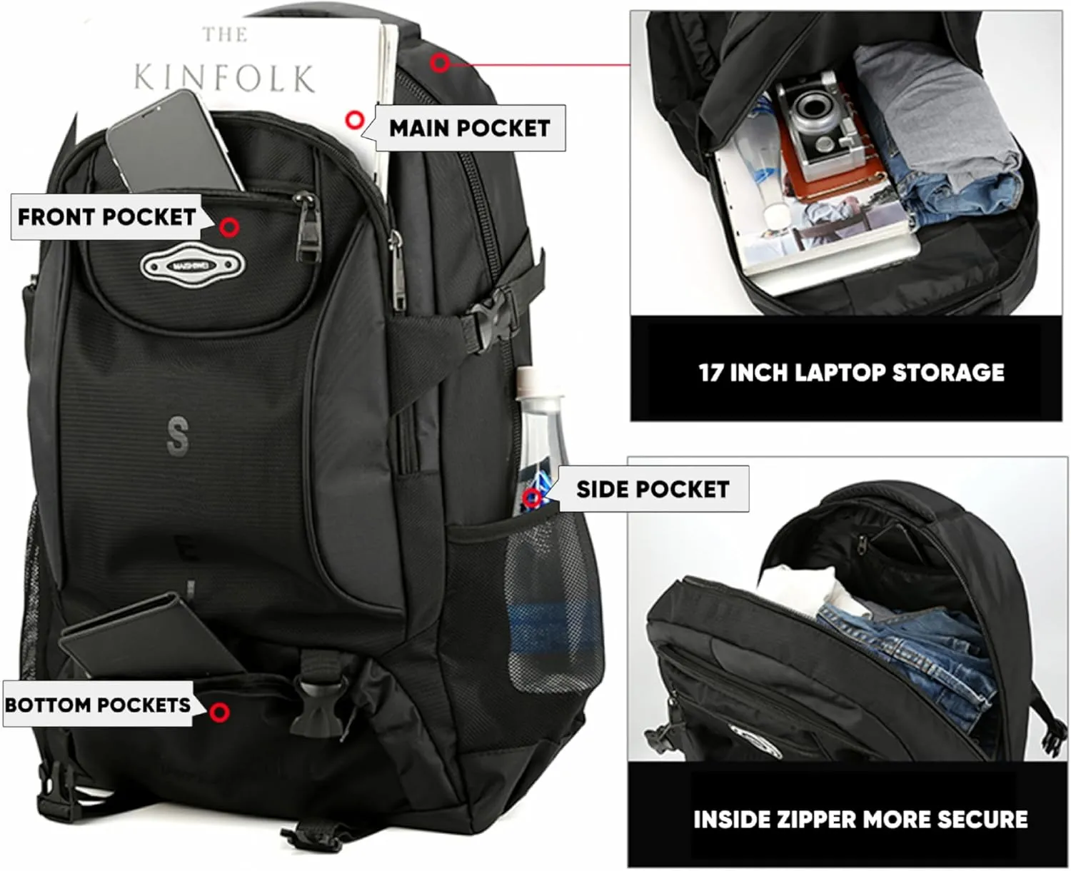 Waterproof Hiking Camping Backpack Travel Bag for Camping Climbing Touring Lightweight Outdoor Sport Daypack Huge bag (Deep Black)