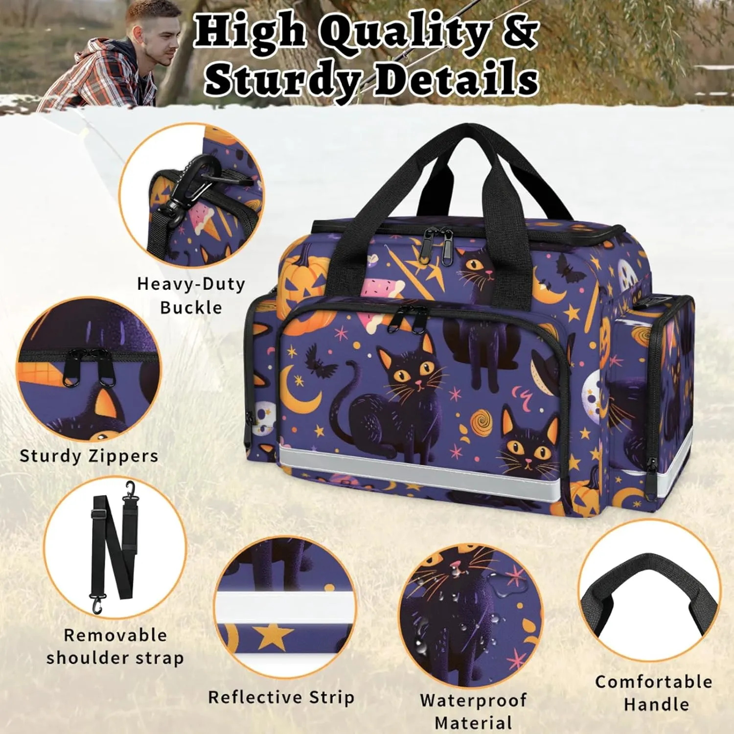 Waterproof Tactical Duffle Bag 25" Carry On Bag for EMT Tear-Resistant Gym Bag with Multi-Pocket & OSHA Reflective Travel Bags for Men Women Black Cats Halloween