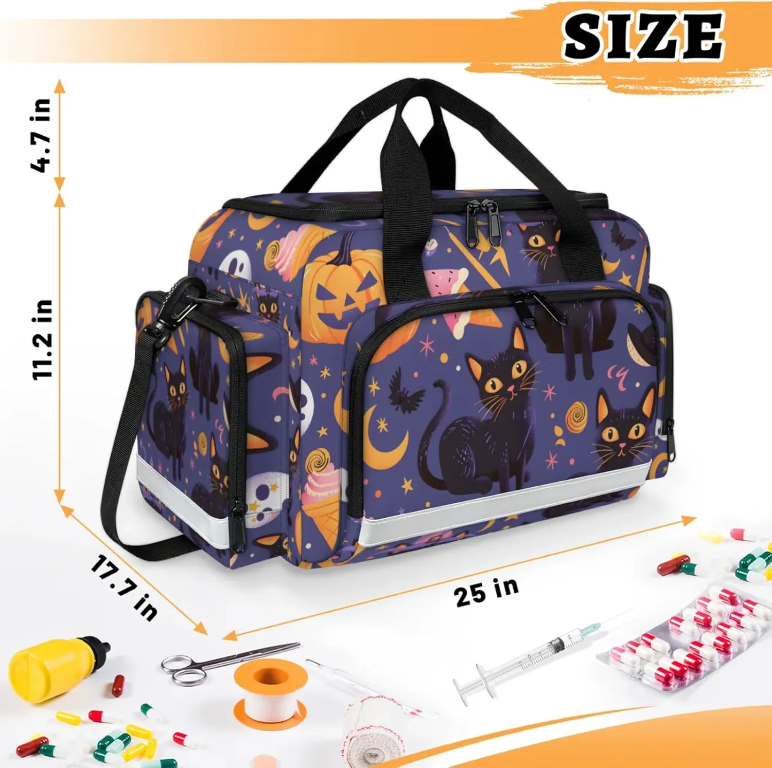 Waterproof Tactical Duffle Bag 25" Carry On Bag for EMT Tear-Resistant Gym Bag with Multi-Pocket & OSHA Reflective Travel Bags for Men Women Black Cats Halloween