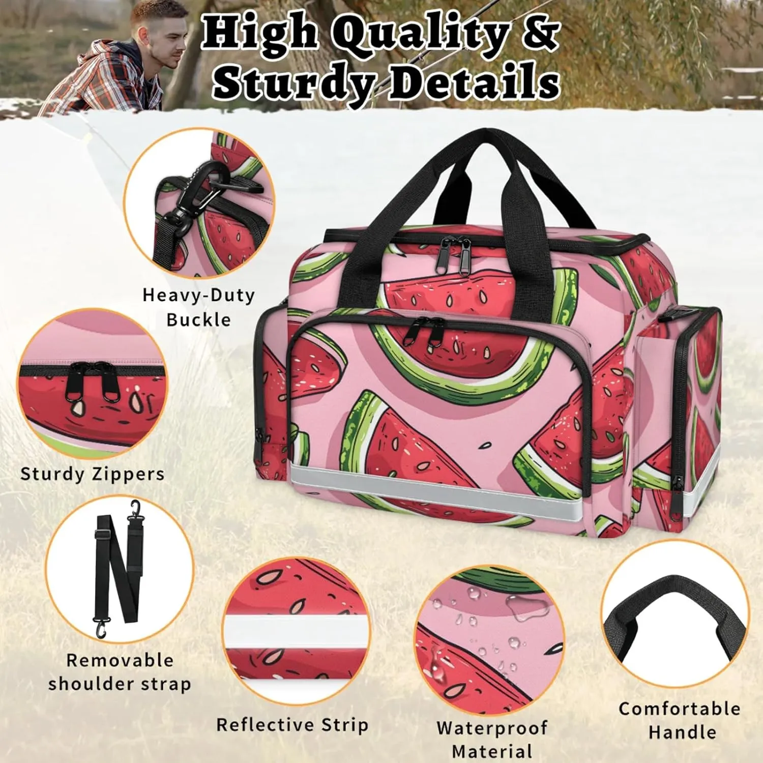 Waterproof Tactical Duffle Bag 25" Carry On Bag for EMT Tear-Resistant Gym Bag with Multi-Pocket & OSHA Reflective Travel Bags for Men Women Cute Watermelons